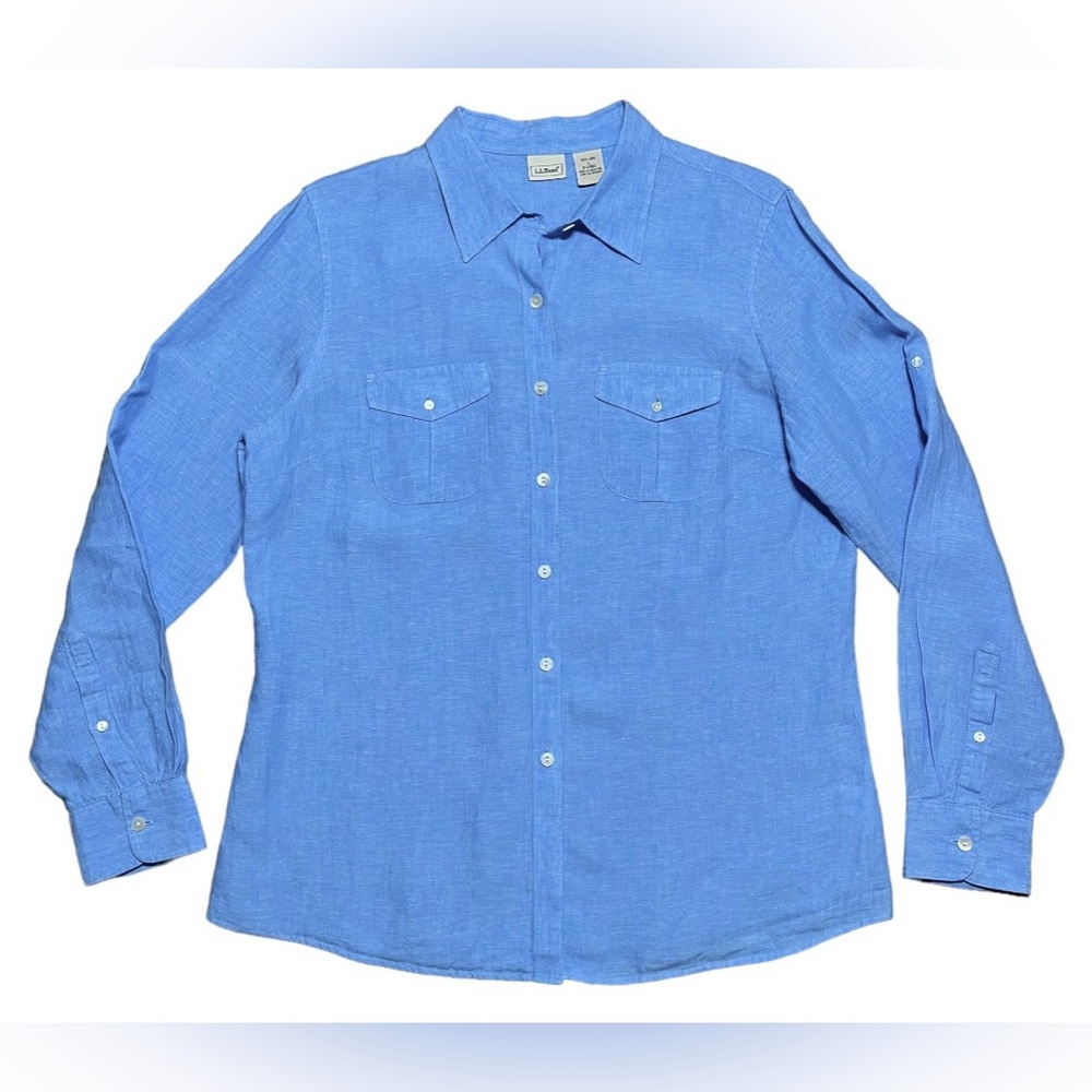 L.L. Bean Wm’s 100% Linen Long Sleeve Button Down Shirt NWOT In Light Blue Sz L